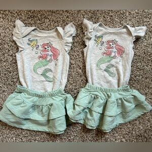 DISNEY Little Mermaid Graphic Baby Girl Twins Outfit Set Size 6-9 months